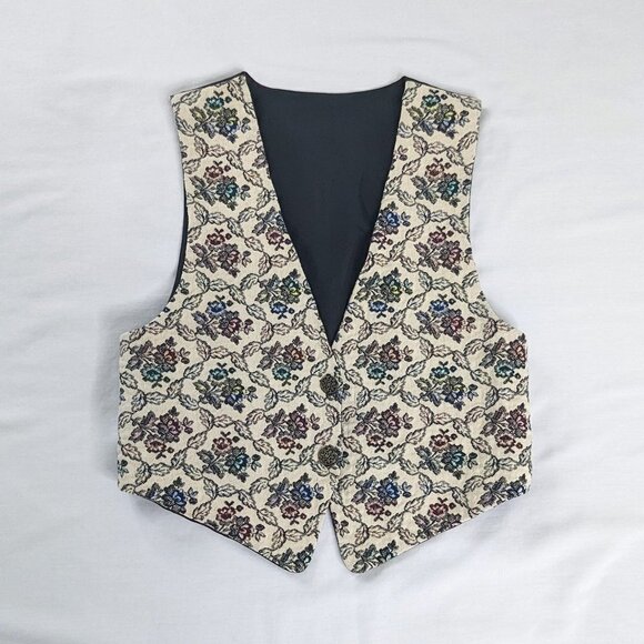 VTG Floral Embroidery Tapestry Cream Black Buckle Back Button Cottagecore Vest - Picture 1 of 5